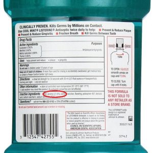 Mouthwash label with an ingredient of alcohol circled.